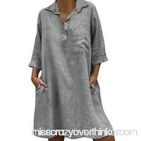 Womens Solid Boho Turn-Down Collar Dress 3 4 Sleeve Casual Pocket Button Dress Gray B07NSW7LVL